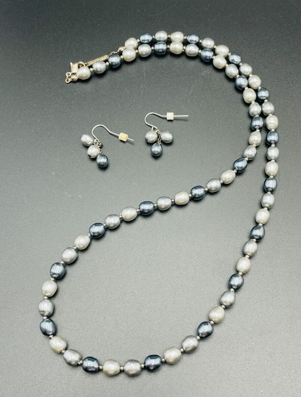 Napier Faux Pearl Necklace Drop Earrings Set Silver Gray White Signed 3 Tone